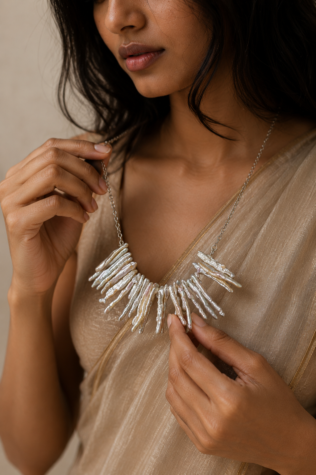 Natural Long Biwa Pearl Silver Plated Chain Necklace