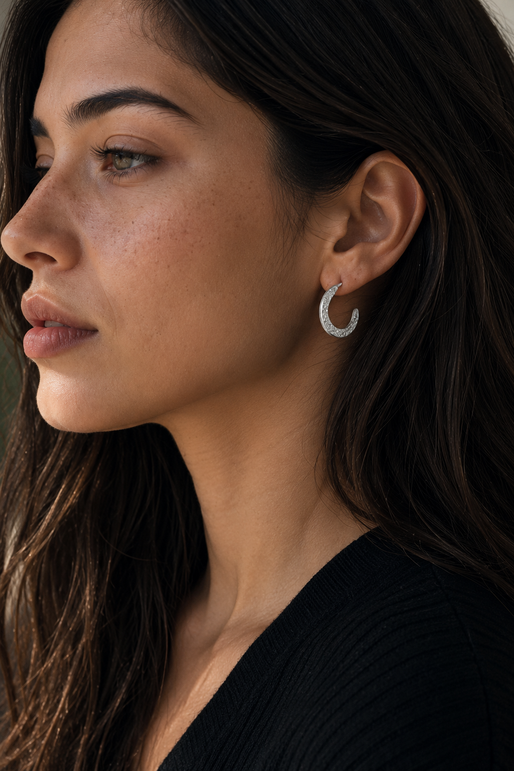 Textured Silver Open Hoop Stud Earring