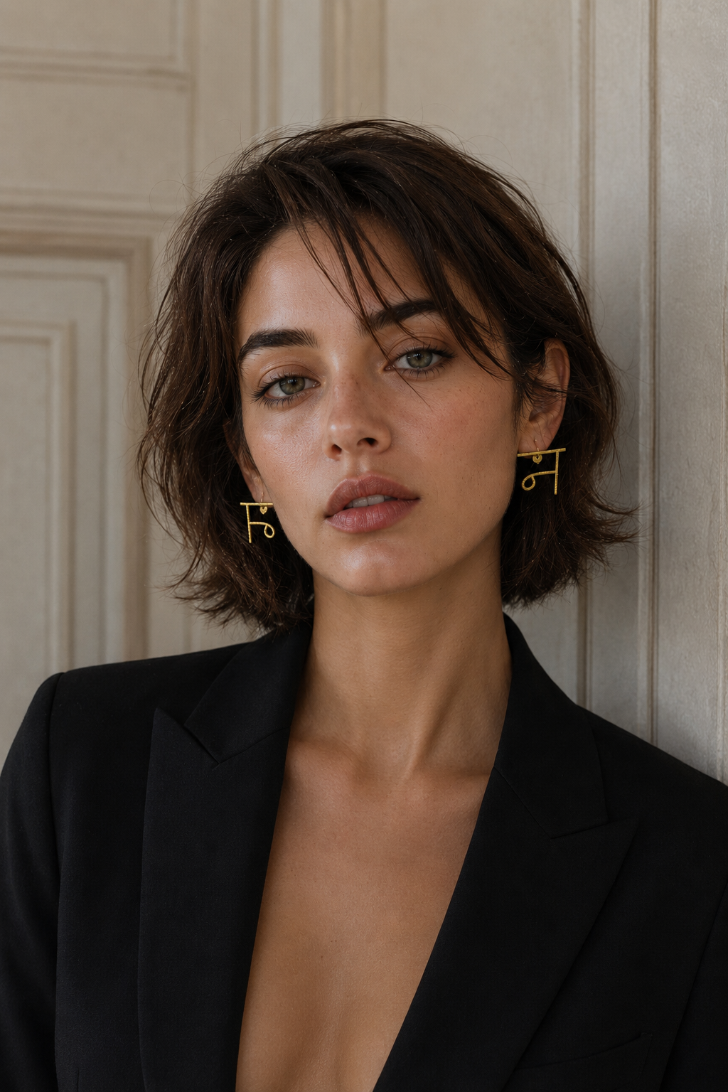 Alphabet "न" Hand Beaten Brass Earrings
