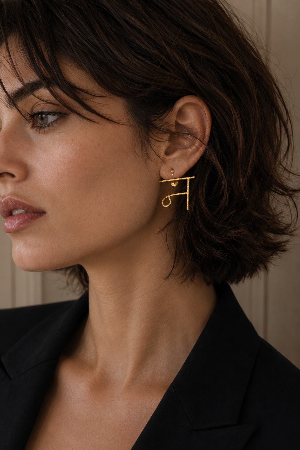 Alphabet "न" Hand Beaten Brass Earrings