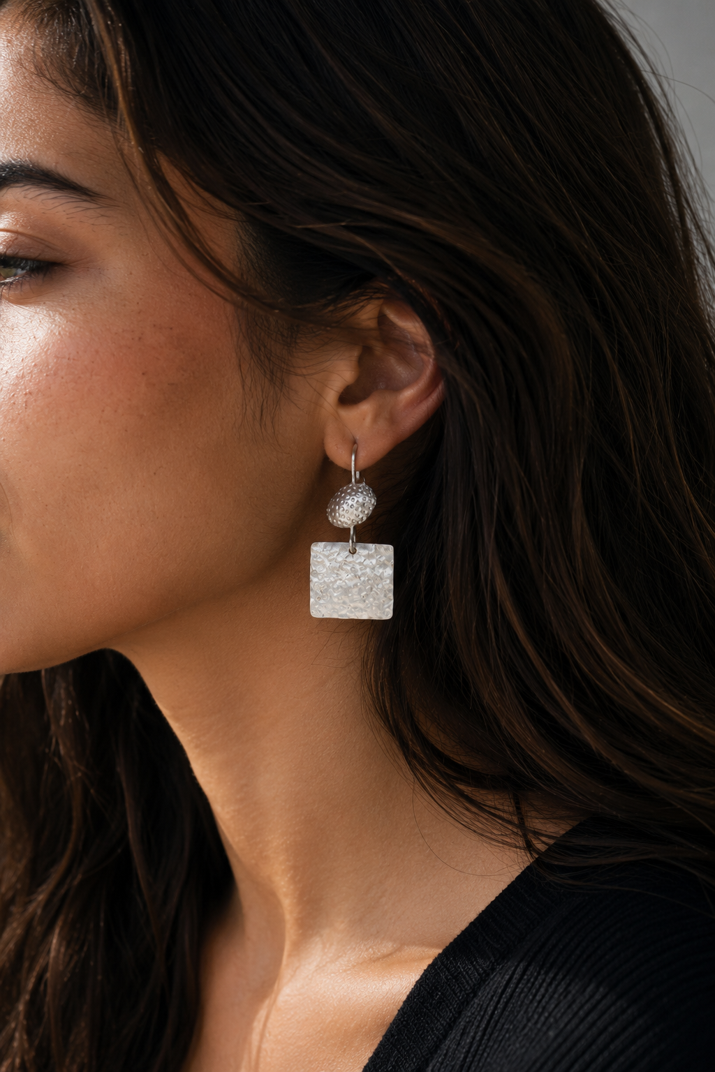 Hammered Silver Square & Oval Earring