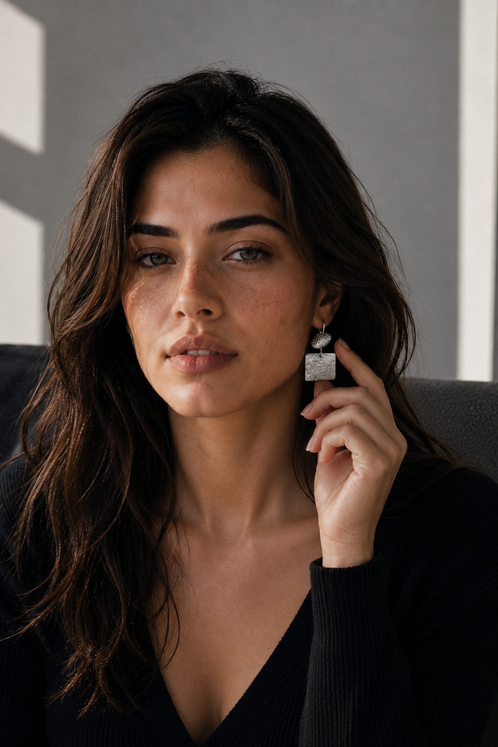 Hammered Silver Square & Oval Earring