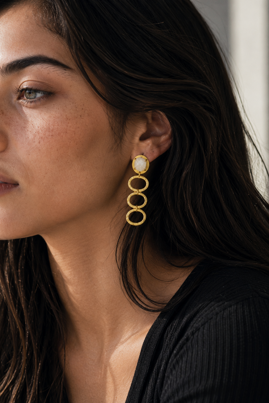 Gemstone + Hammered Hoop Earring