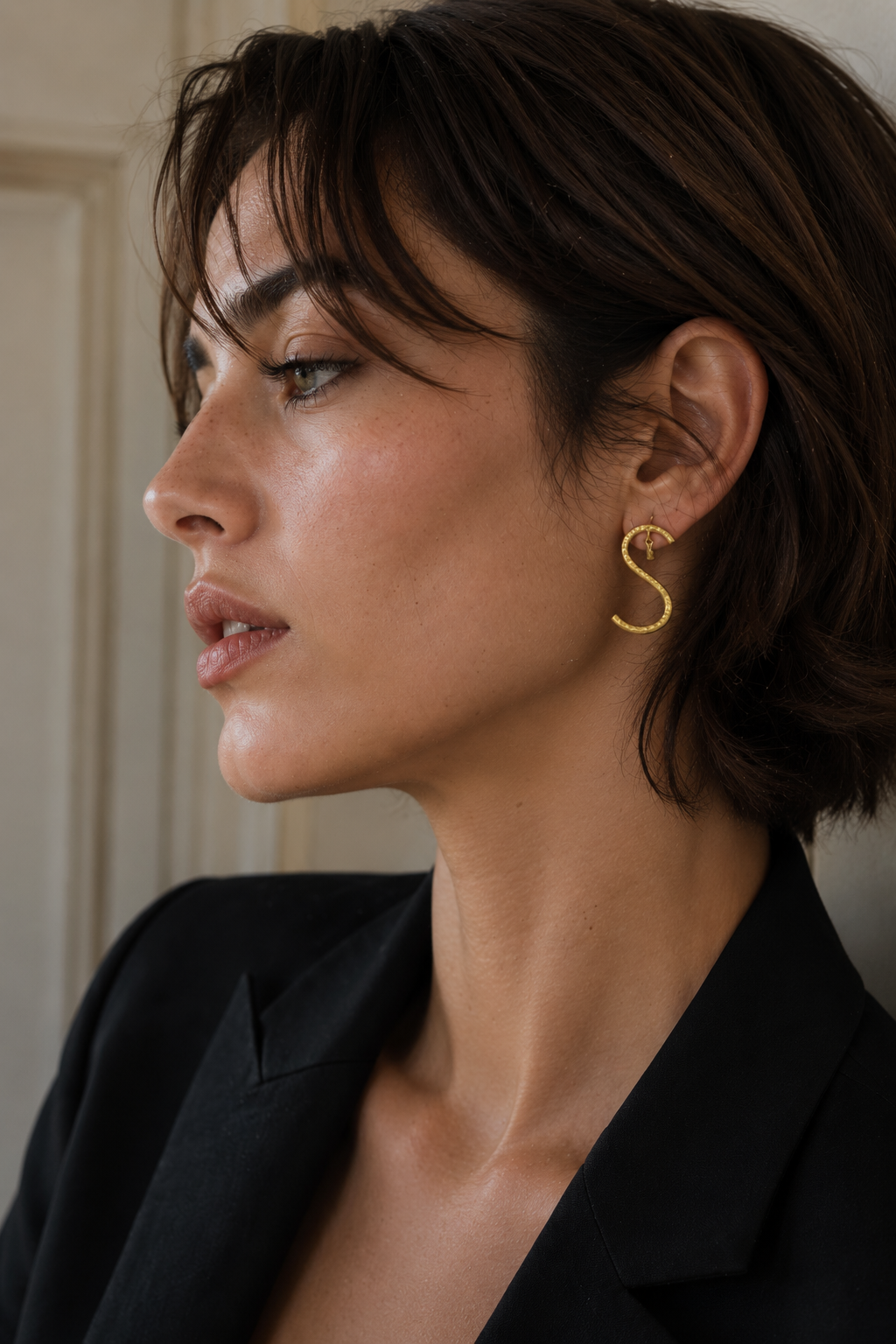 Alphabet "S" Hand Beaten Brass Earrings