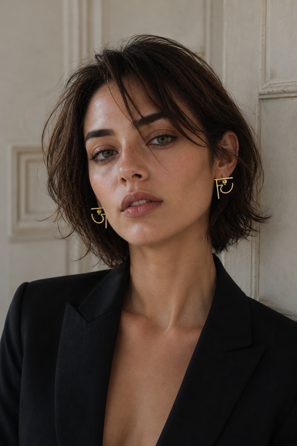Alphabet "ज" Hand Beaten Brass Earrings
