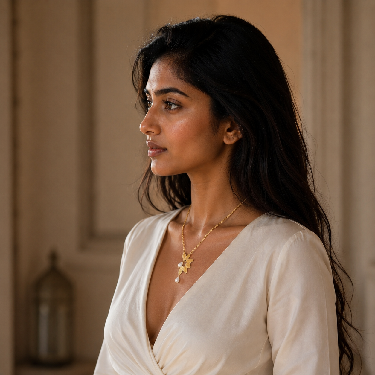 Pearl Brass Flash Gold Plating Leaf Necklace