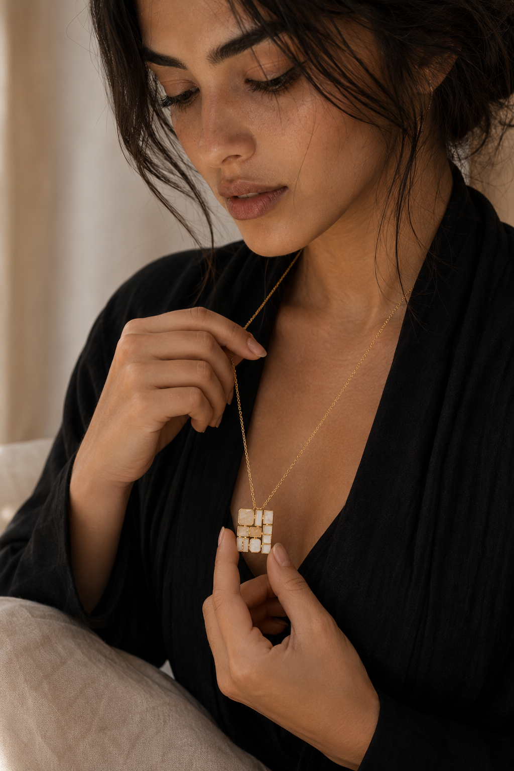 Mother of Pearl Brass Flash Gold Plating Enameled Necklace