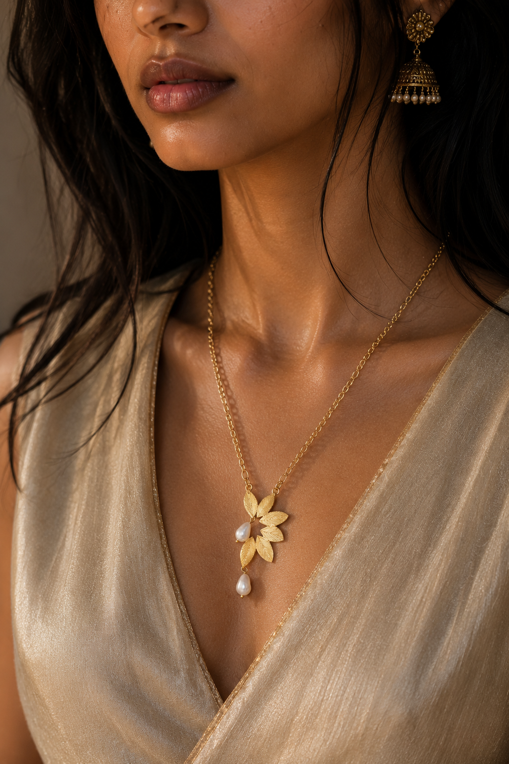 Pearl Brass Flash Gold Plating Leaf Necklace