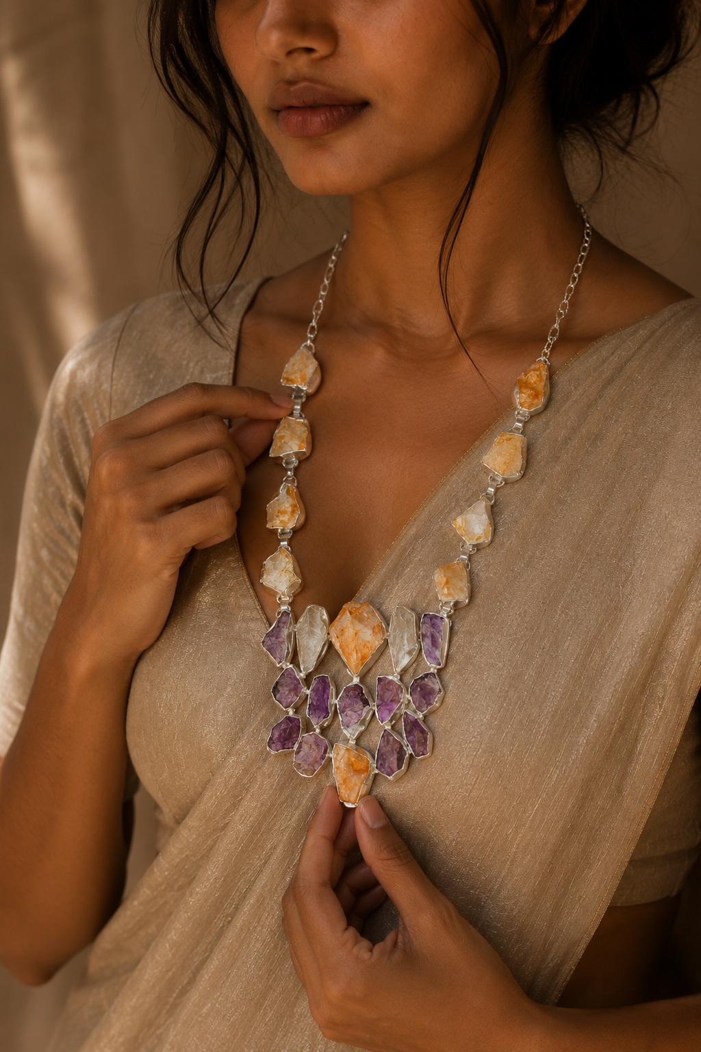 Amethystt, Citrine, Green Amethystt Rough Gemstone Necklace