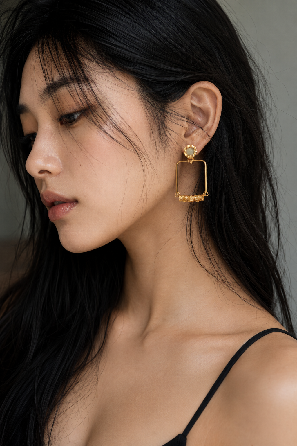 Agate Brass Flash Gold Plating Square Stud Earring