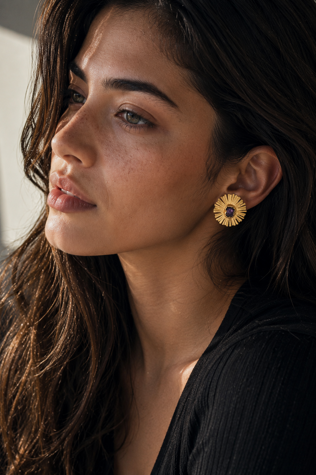Aquamarine Brass Flash Gold Plating Floral Stud Earring