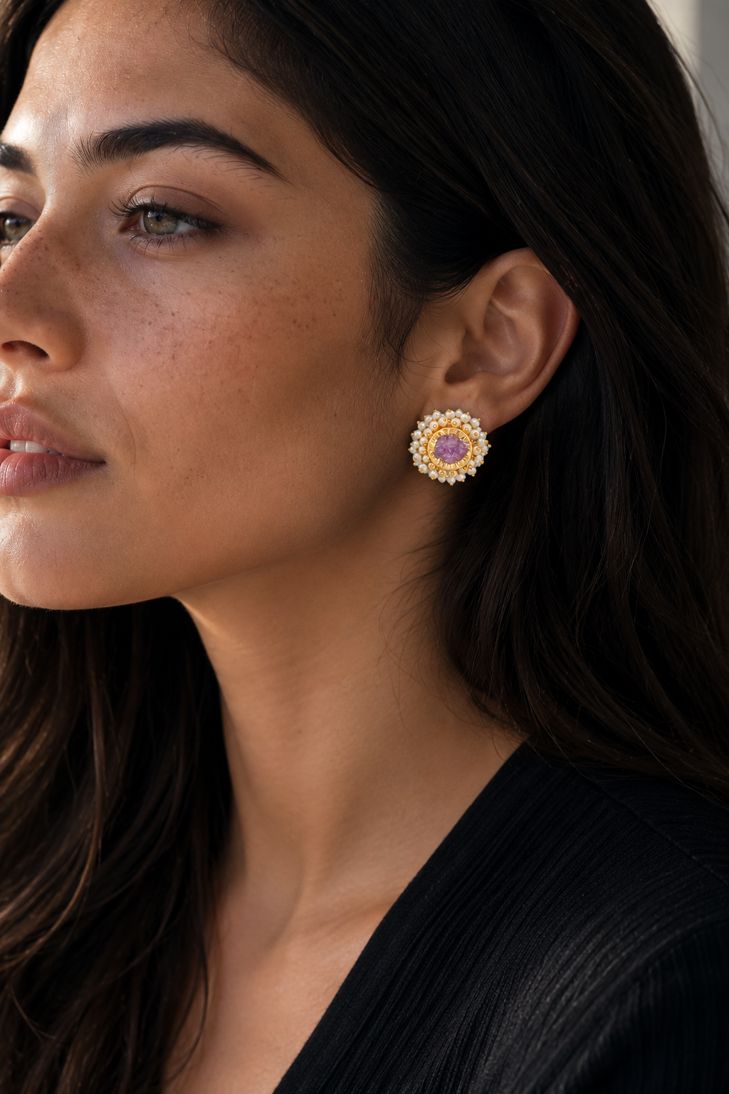 Pearl Brass Flash Gold Plating Floral Stud Earring