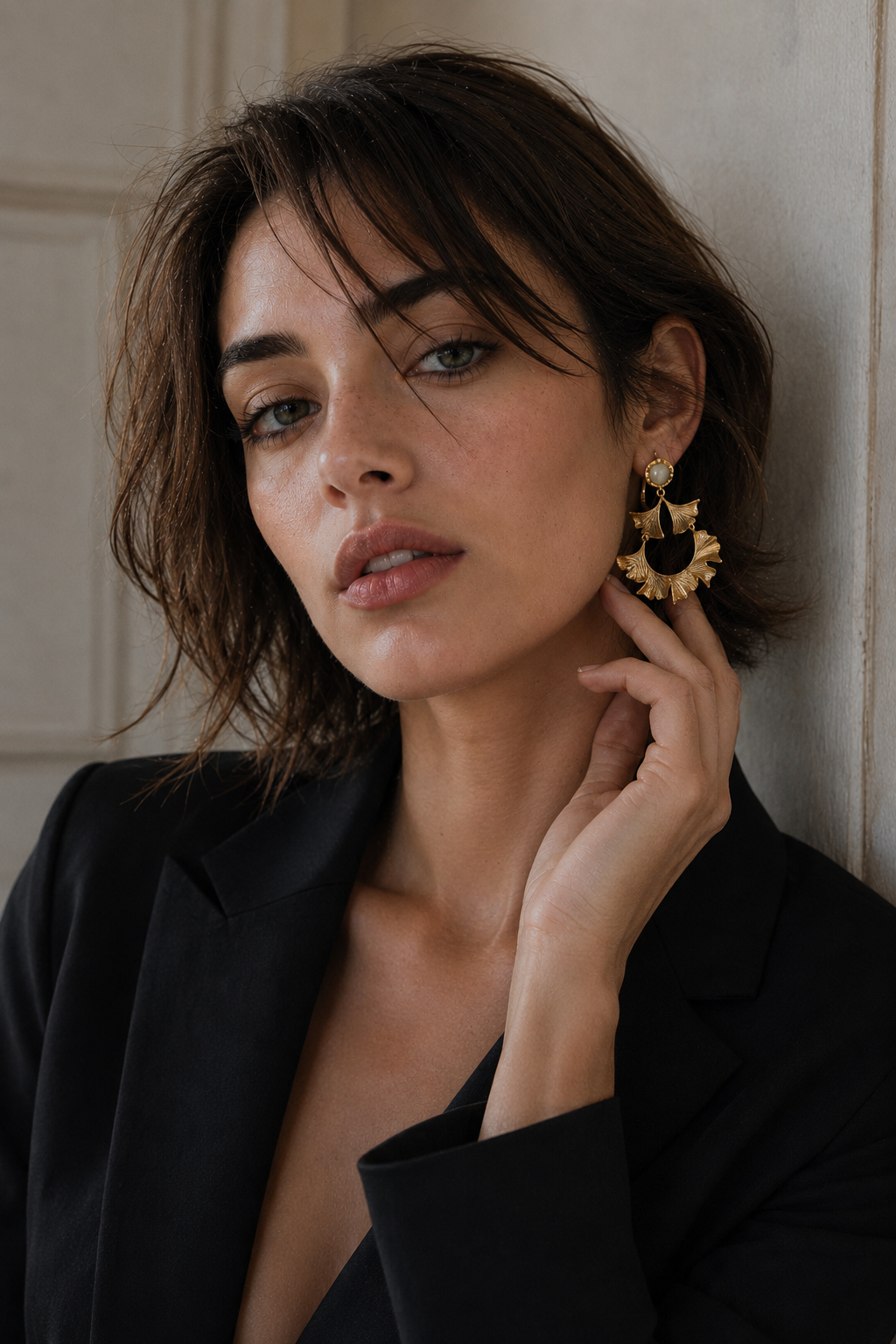 Citrine Brass Flash Gold Plating Ginkgo Stud Earring