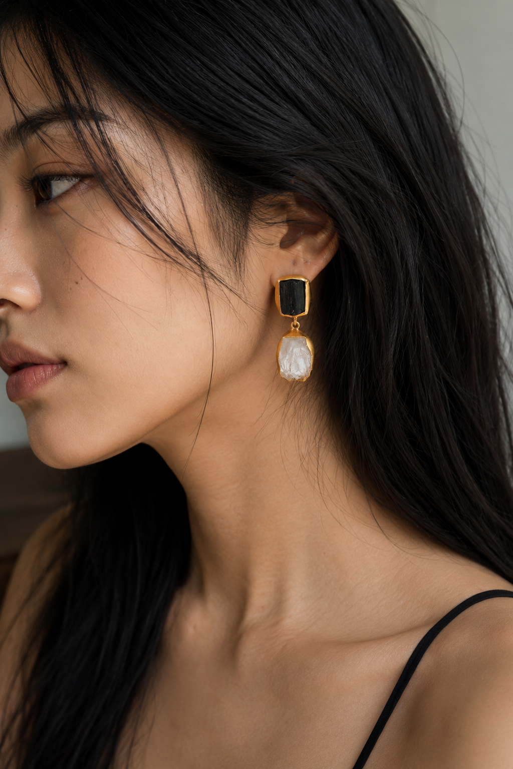 Crystal Quartz, Black Tourmaline Rough Gemstone Stud Earring