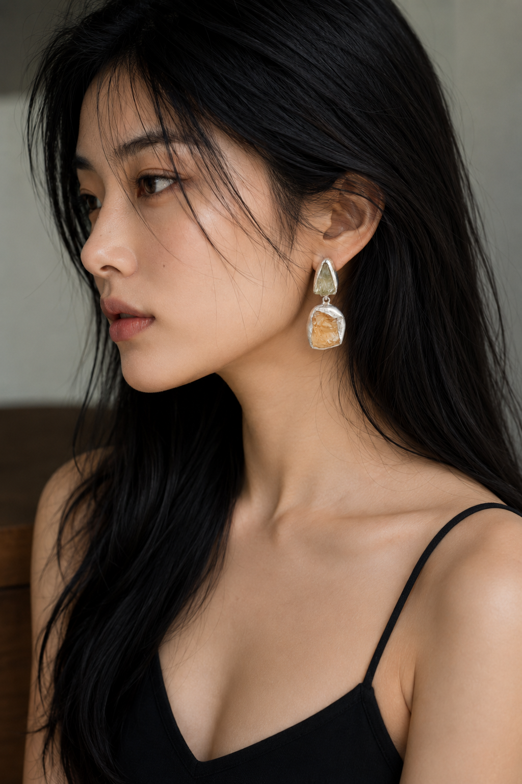 Citrine, Green Amethystt Rough Gemstone Stud Earring