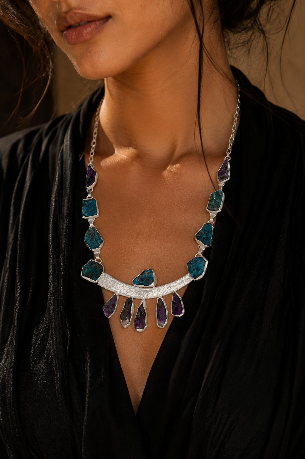 Amethystt Apatite Rough Gemstone Necklace