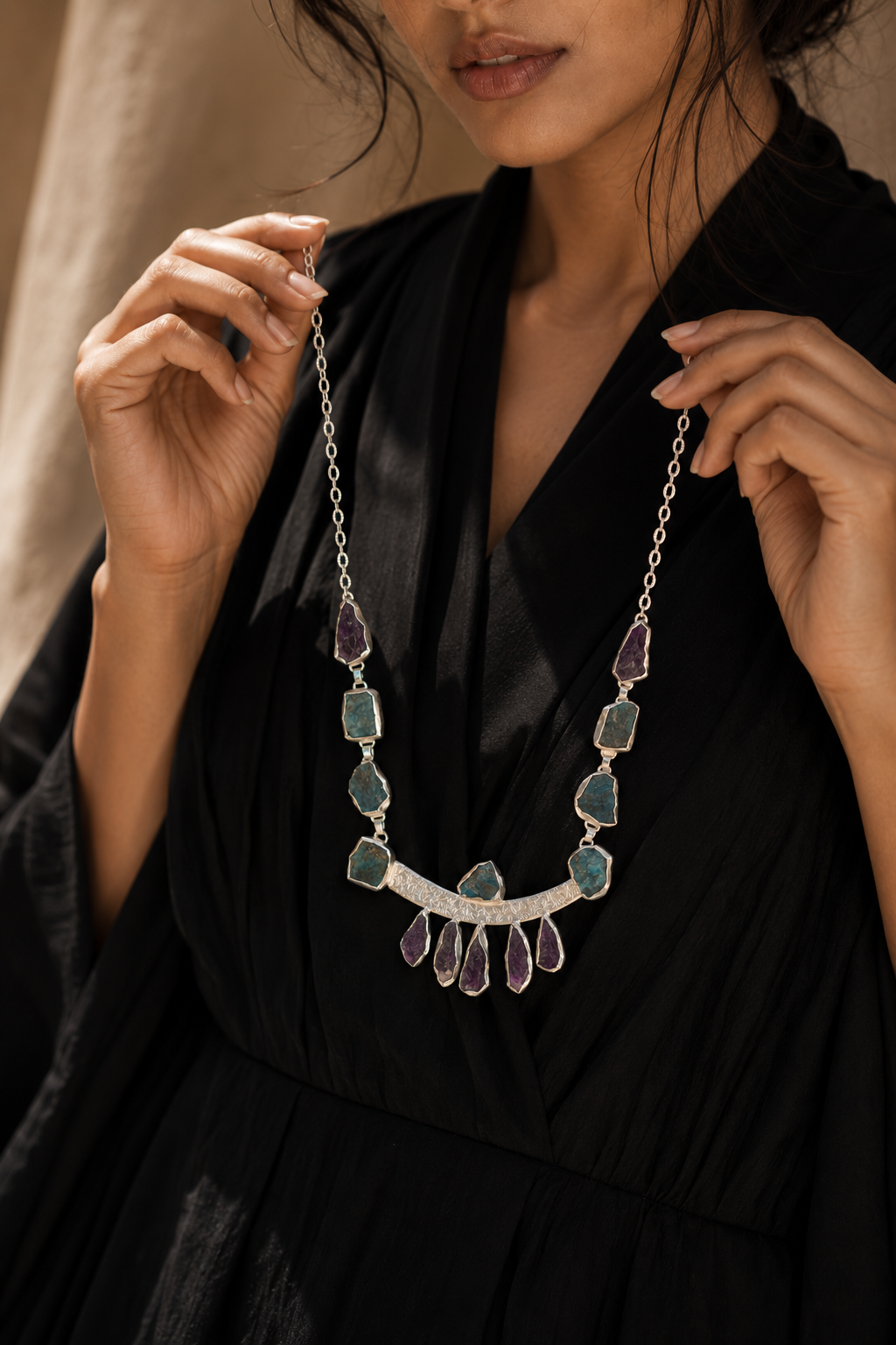 Amethystt Apatite Rough Gemstone Necklace