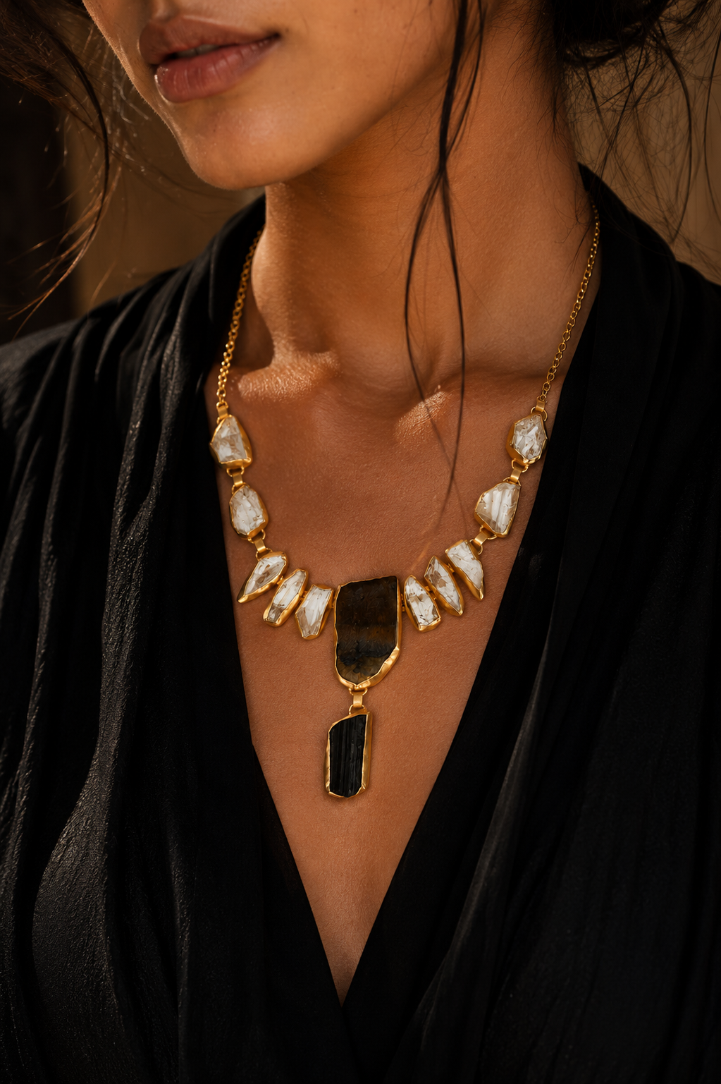 Crystal Quartz, Black Tourmaline Rough Gemstone Necklace
