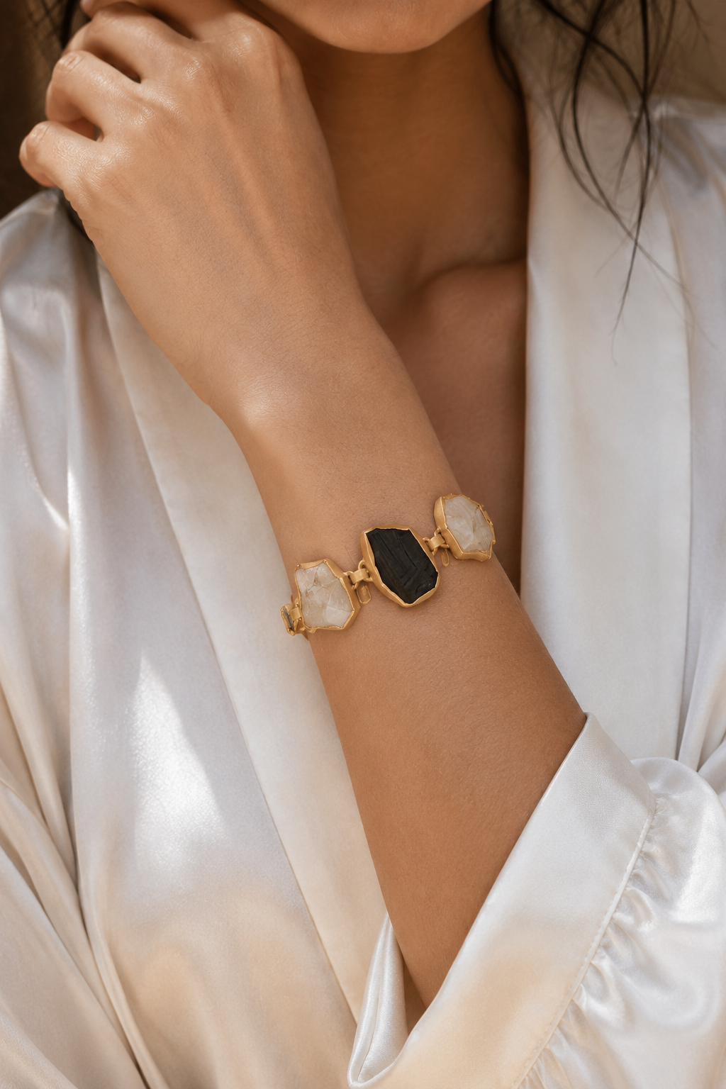 Crystal Quartz, Black Tourmaline Rough Gemstone Bracelet