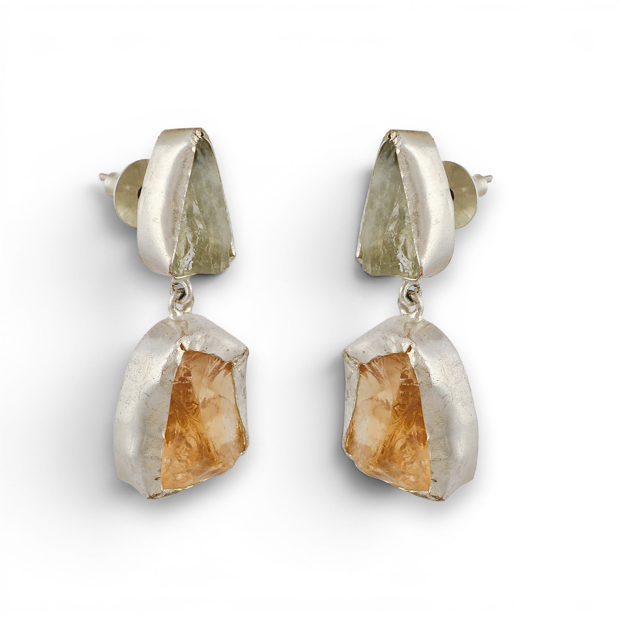 Citrine, Green Amethystt Rough Gemstone Stud Earring