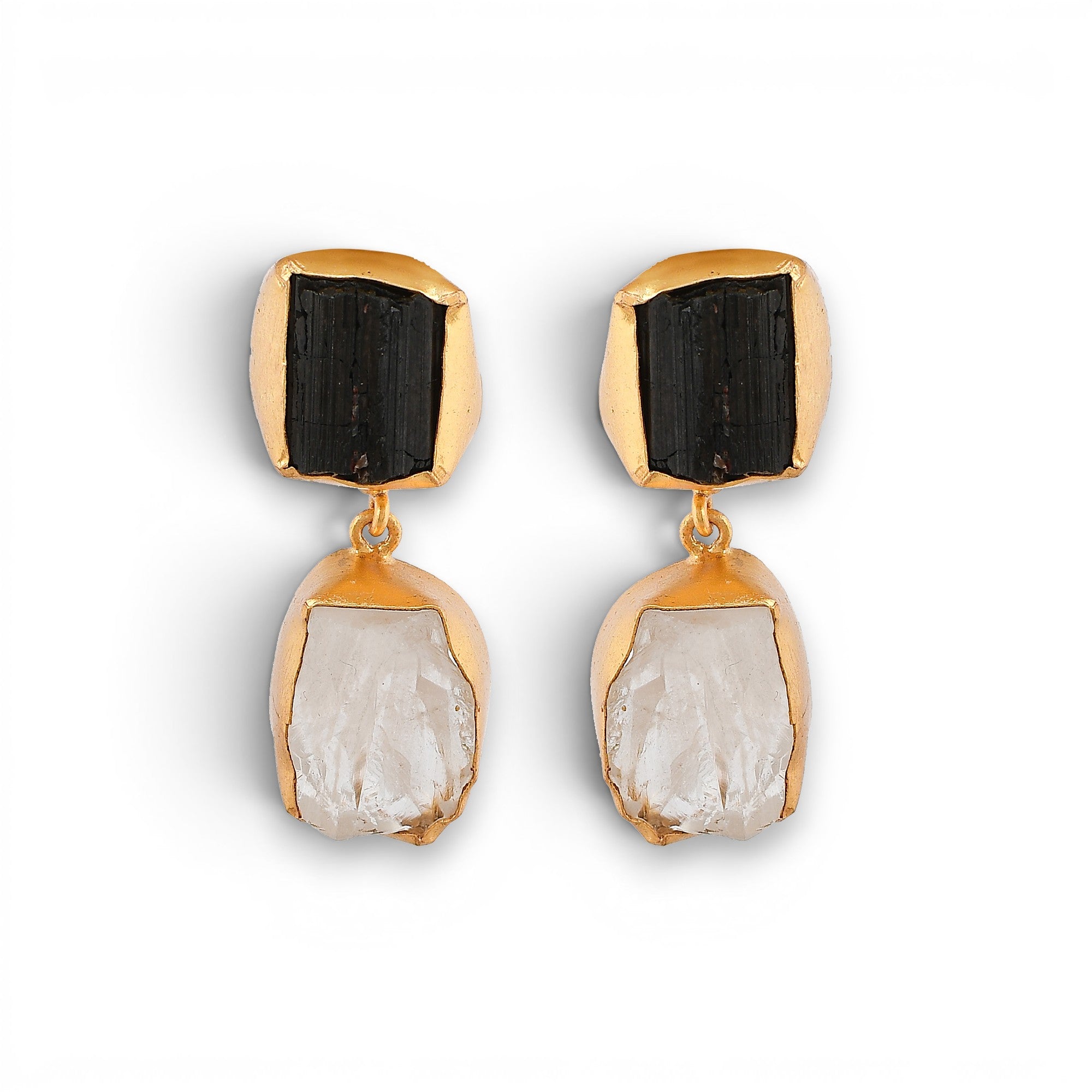 Crystal Quartz, Black Tourmaline Rough Gemstone Stud Earring