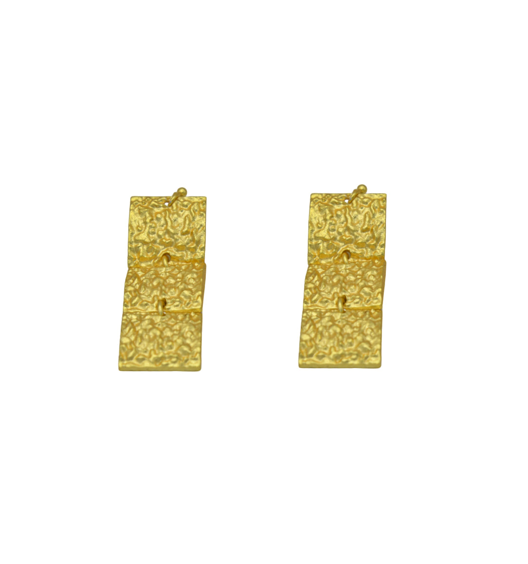 Hand Hammered Square Dangler Flash Gold Plated Stud Earring
