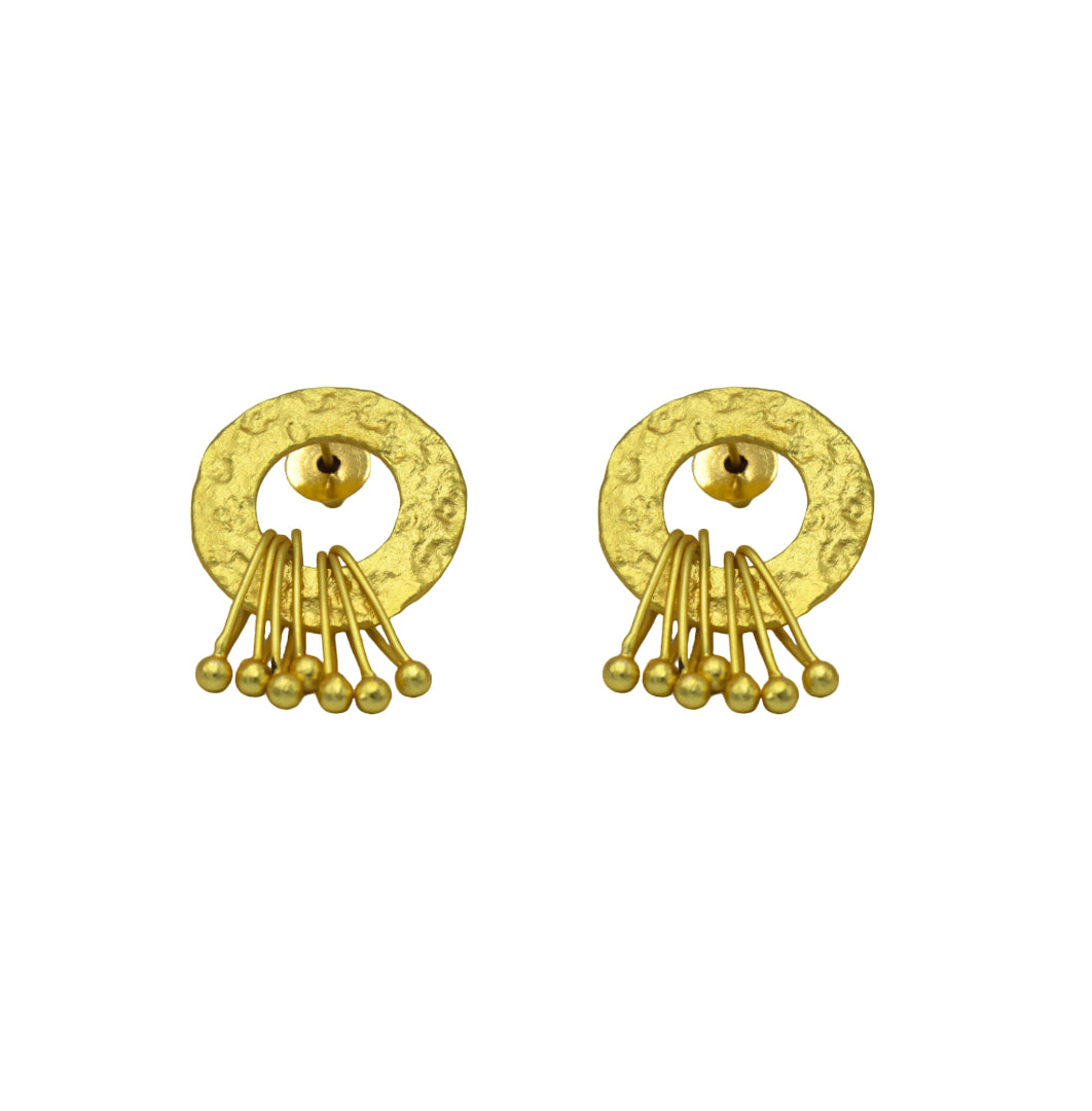 Hand Hammered Circle with Safety Pin Danglers Flash Gold Plated Stud Earring