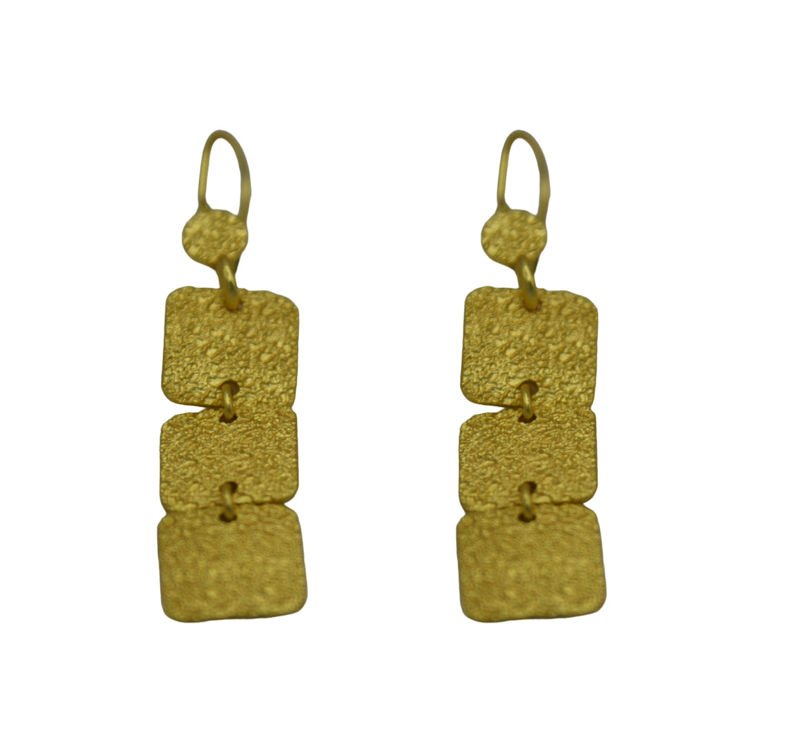 Hand Hammered 3 Tiles Flash Gold Plated Dangle Earring