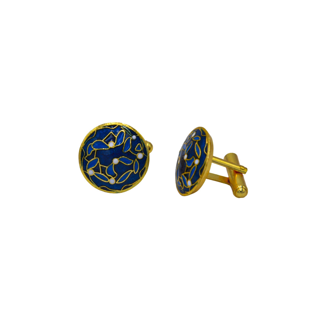 Round Blue & White Leaf Enameled Flash Gold Plated Cufflinks