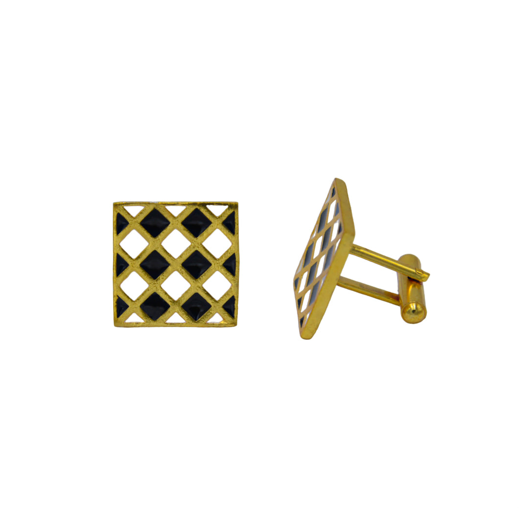 Square Black & White Enameled Flash Gold Plated Cufflinks