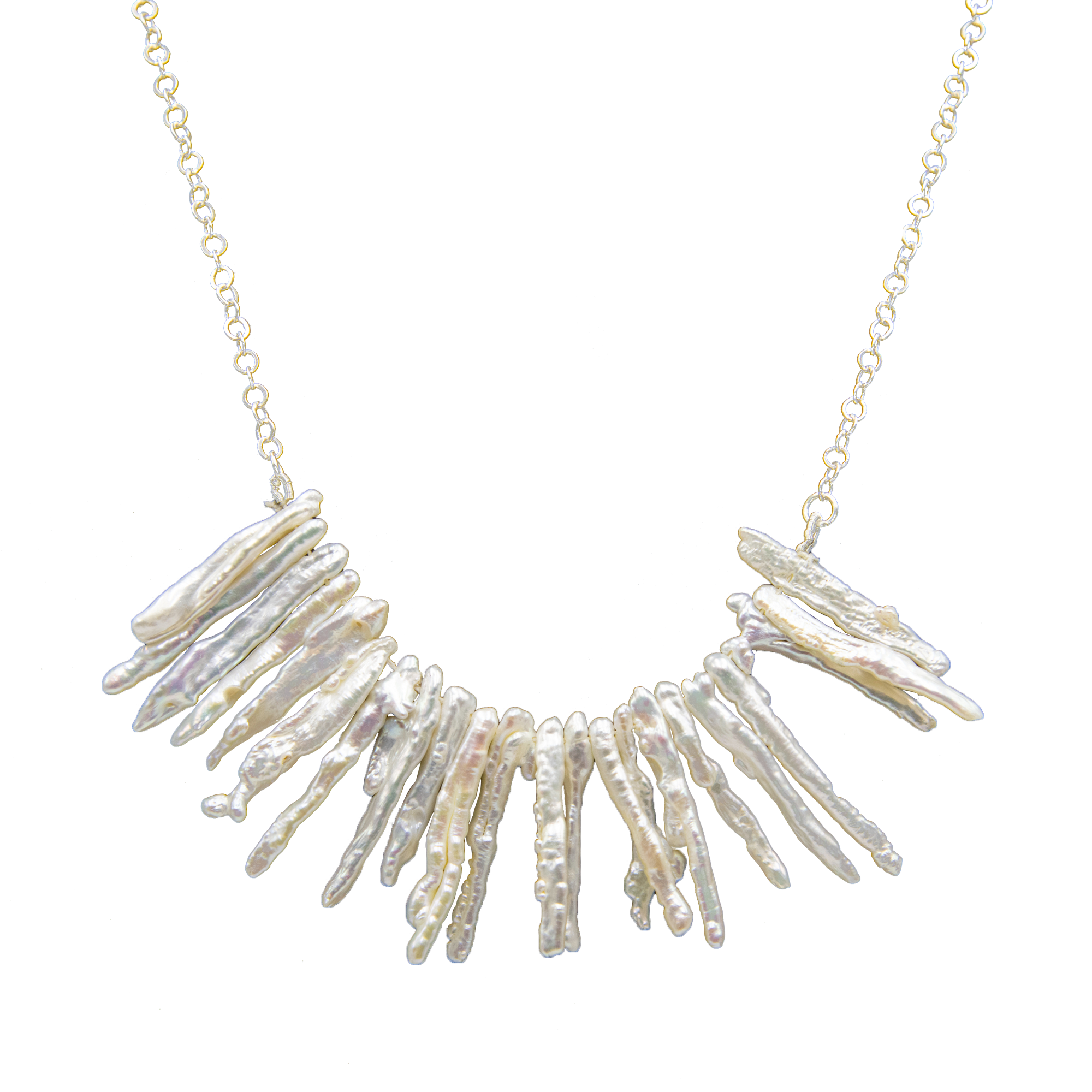 Natural Long Biwa Pearl Silver Plated Chain Necklace