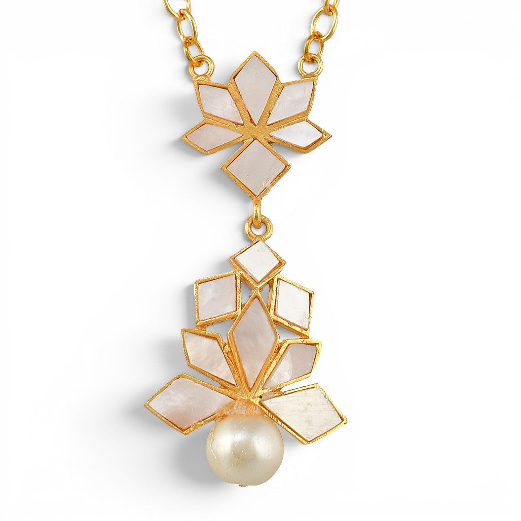 Mother of Pearl Brass Flash Gold Plating Enameled Necklace