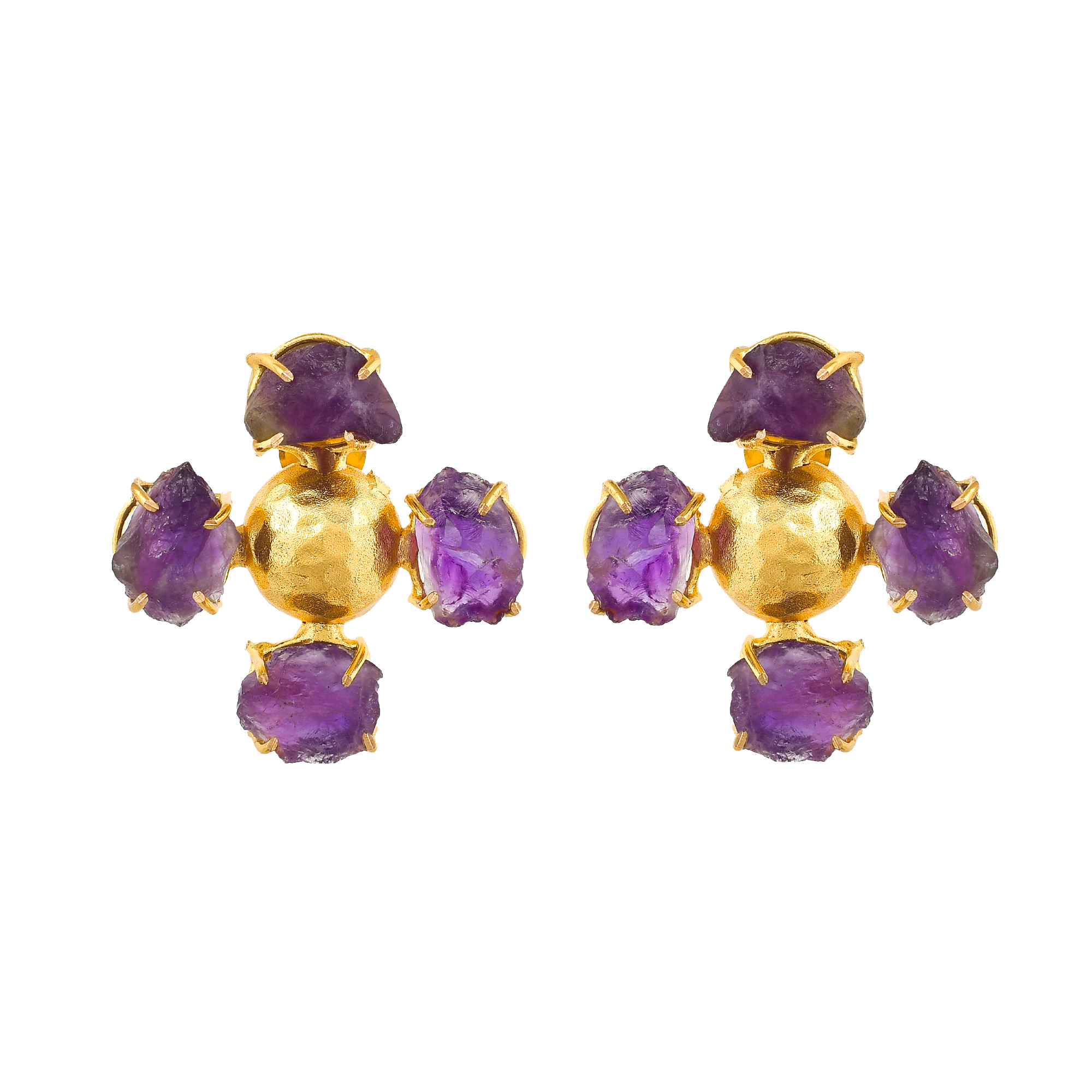 Amethyst Brass Flash Gold Plating Floral Stud Earring