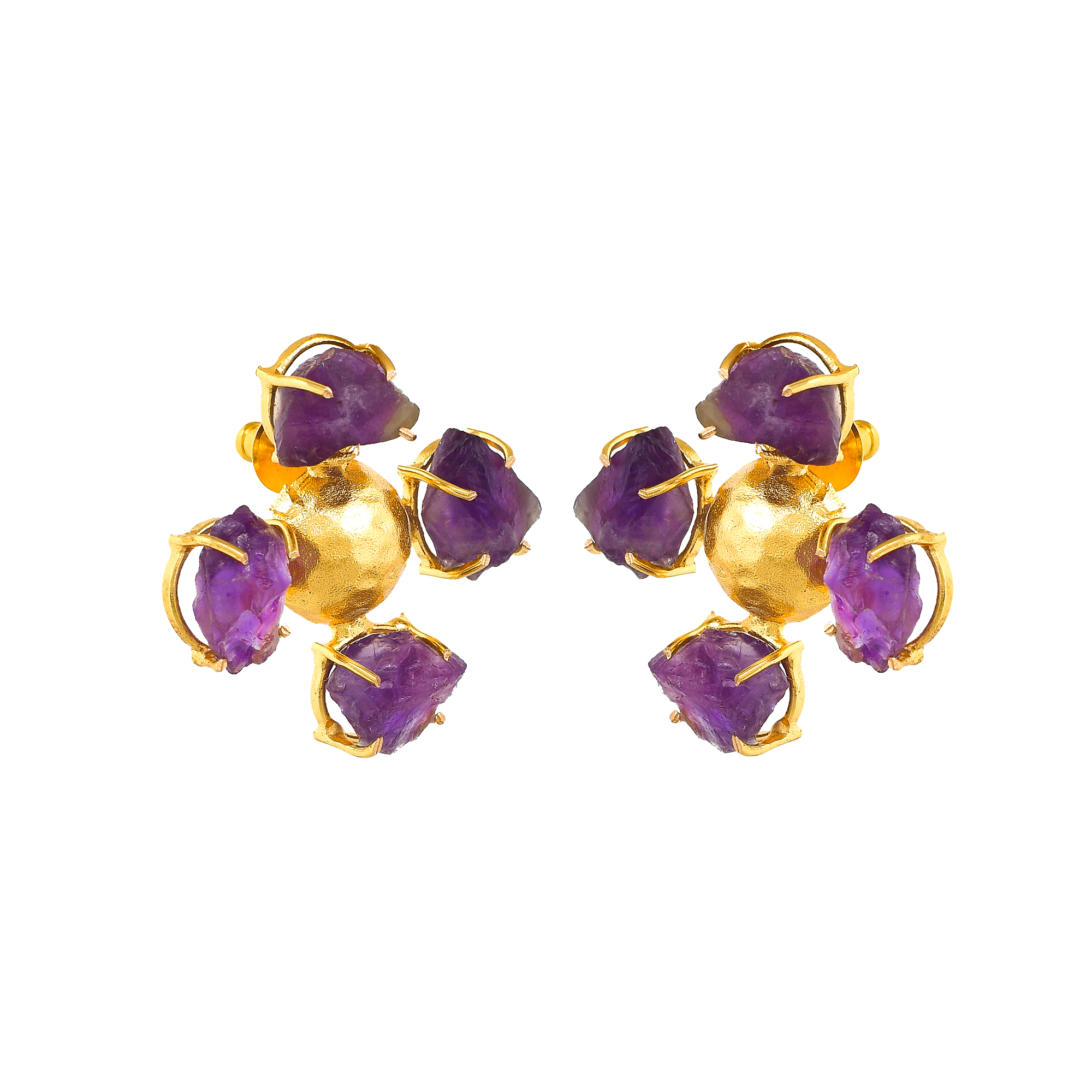 Amethyst Brass Flash Gold Plating Floral Stud Earring