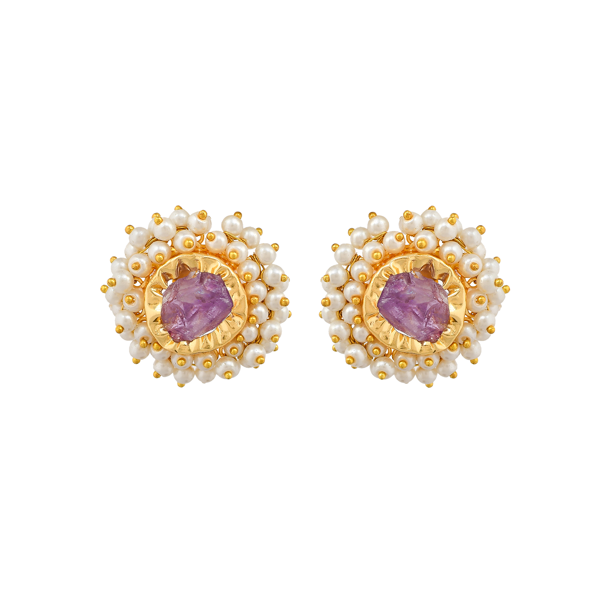 Amethyst & Pearl Brass Floral Stud Earrings