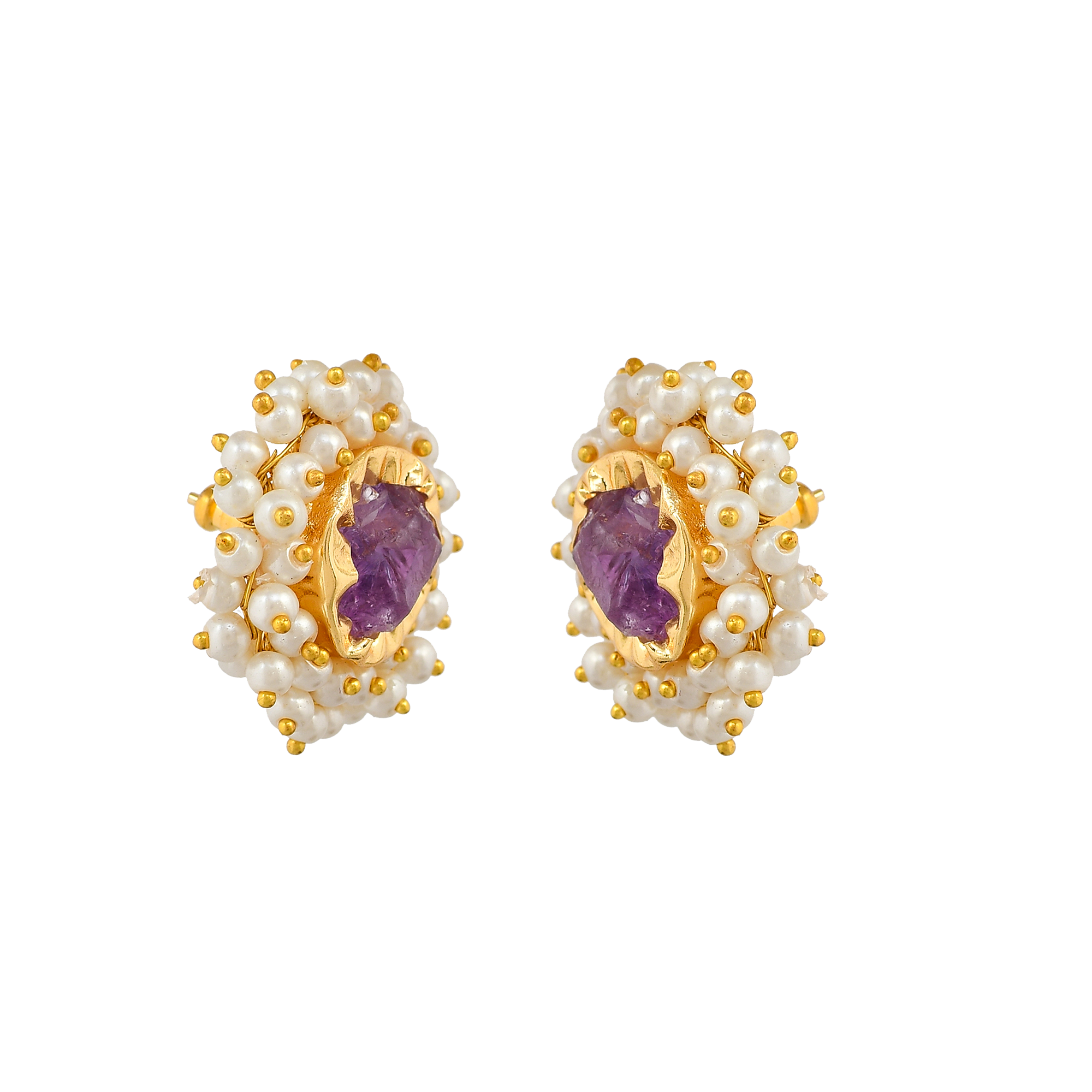 Amethyst & Pearl Brass Floral Stud Earrings