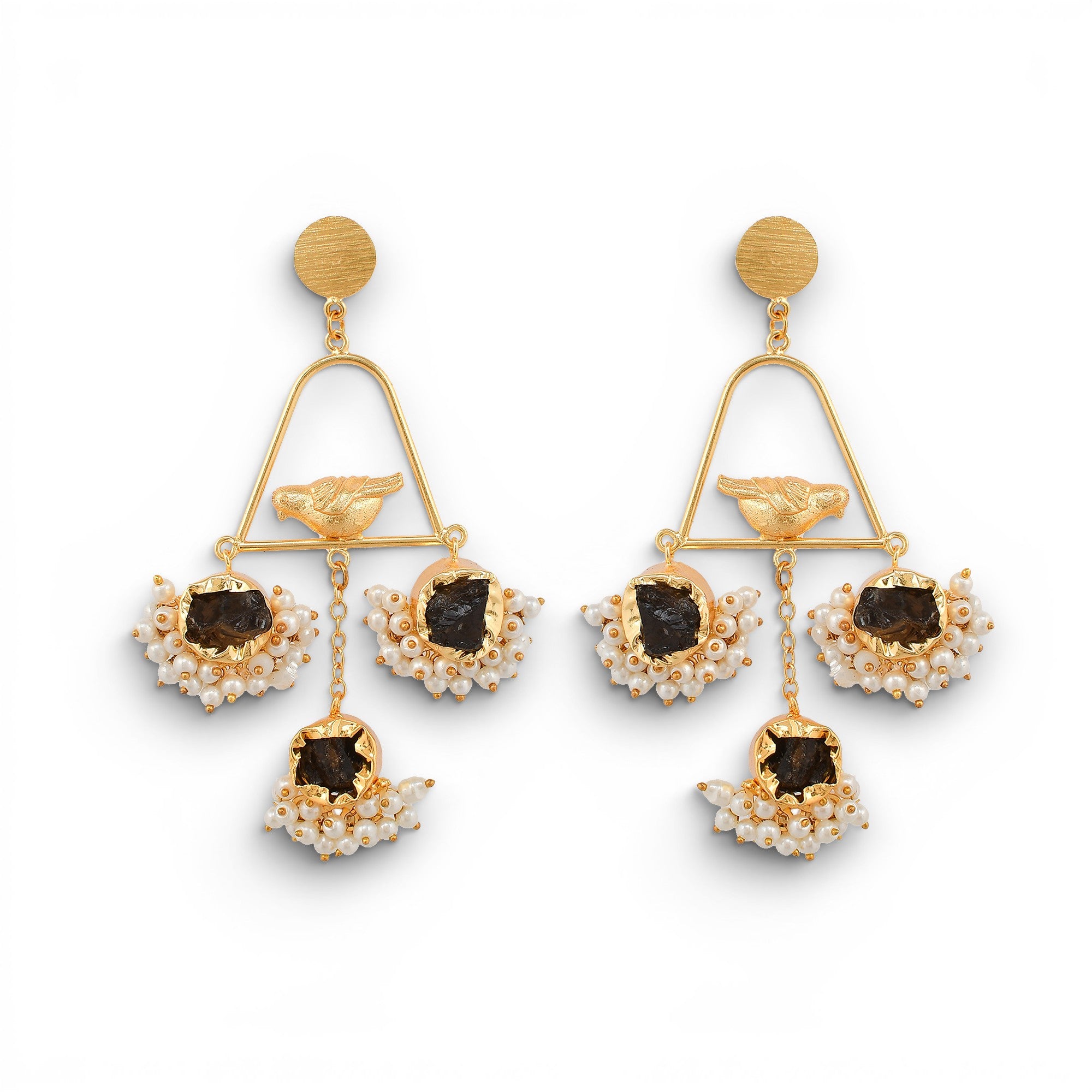 Pearl & Gemstone Brass Flash Gold Plating Floral Stud Earring