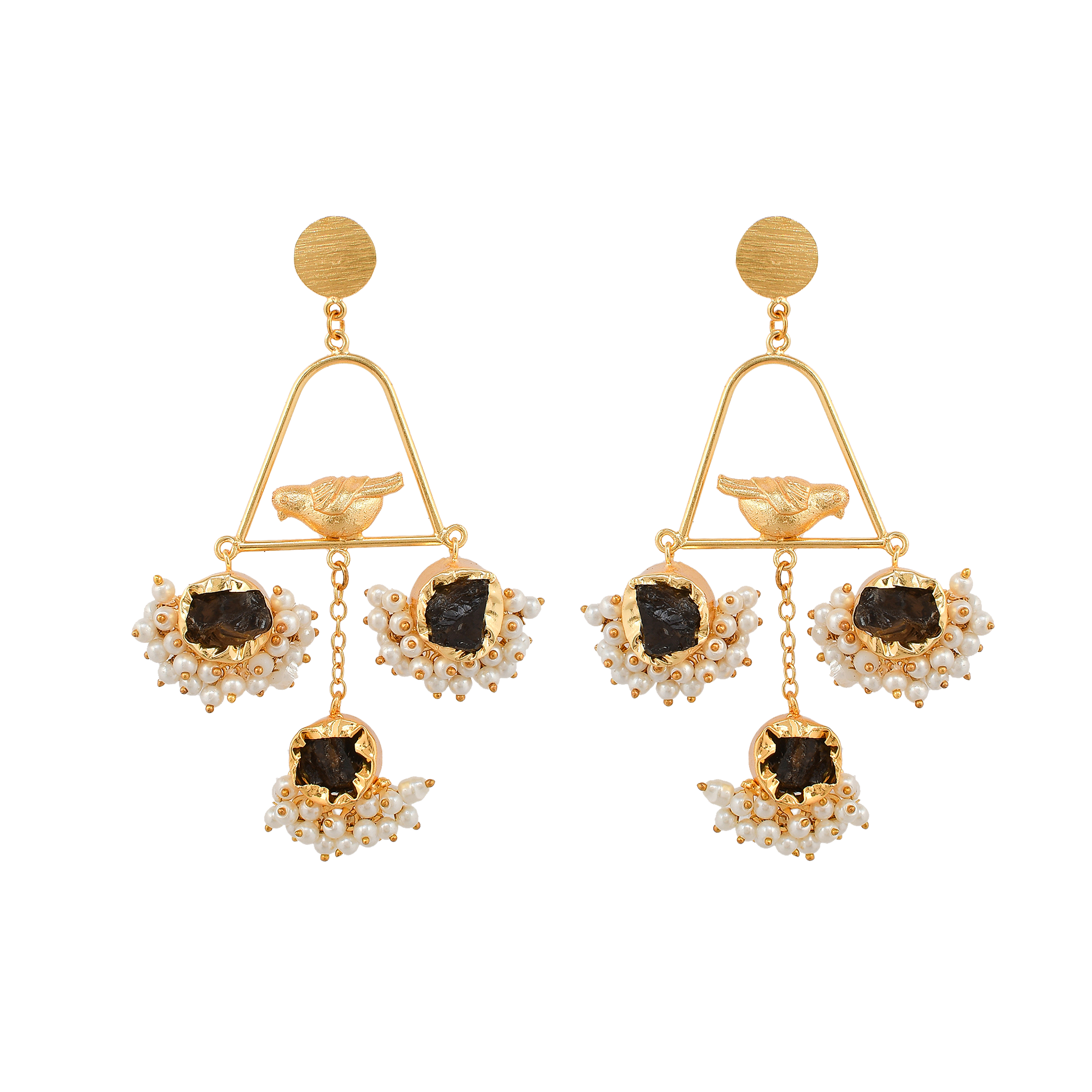 Pearl & Gemstone Brass Floral Stud Earring