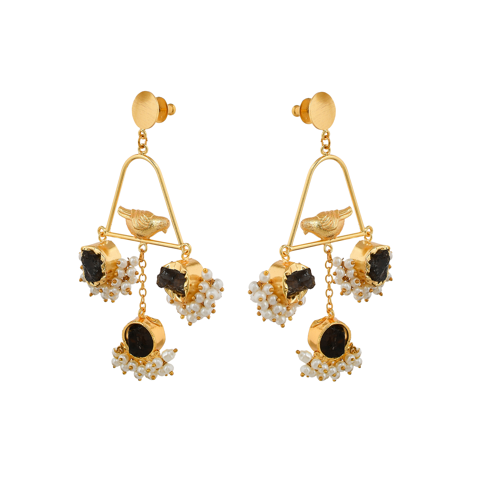 Pearl & Gemstone Brass Floral Stud Earring