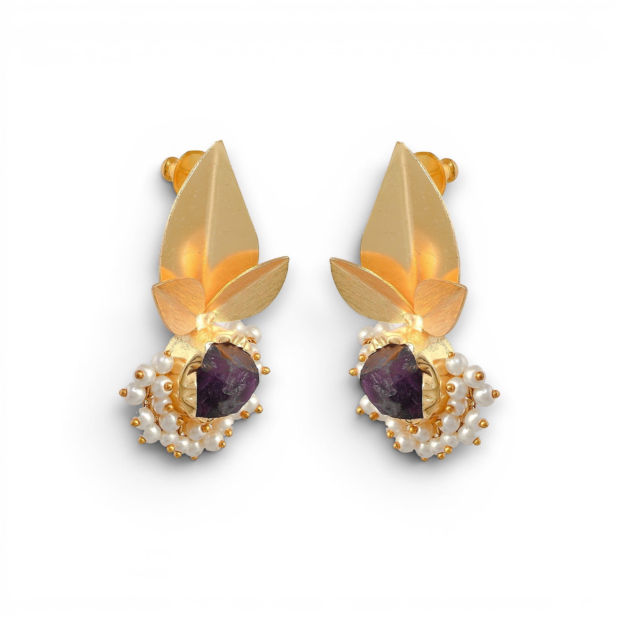 Pearls Brass Flash Gold Plating Floral Stud Earring