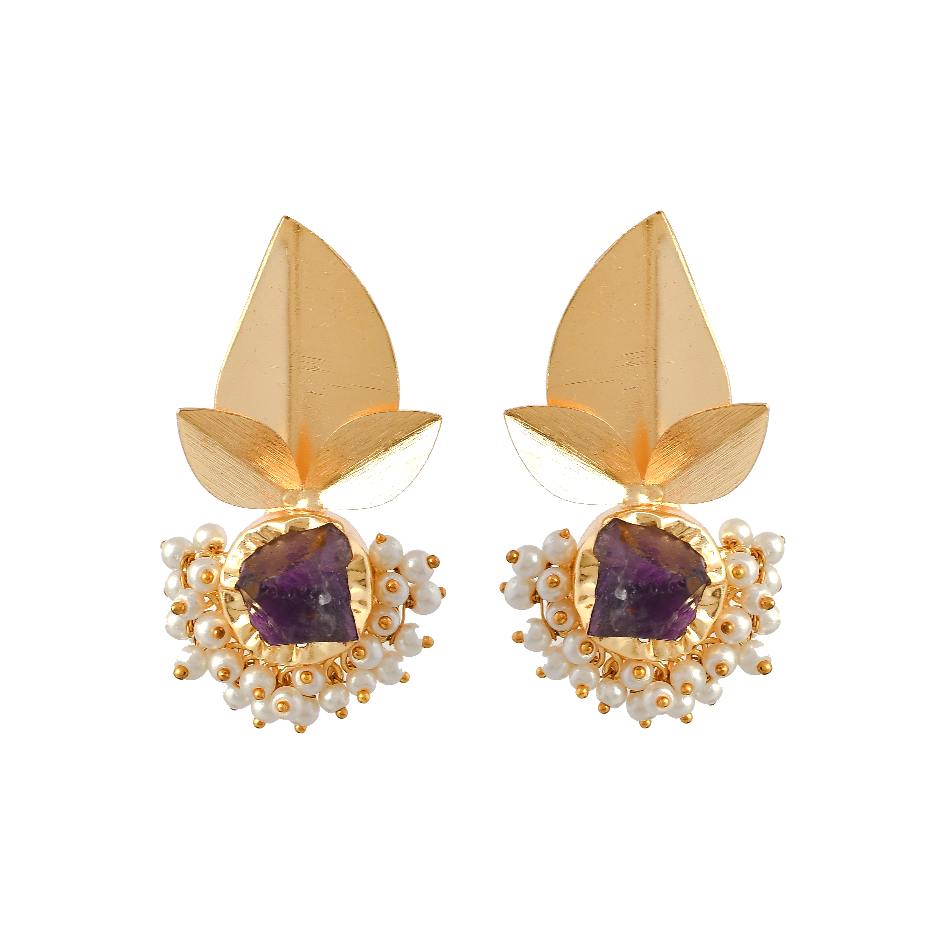 Pearls Brass Floral Stud Earring