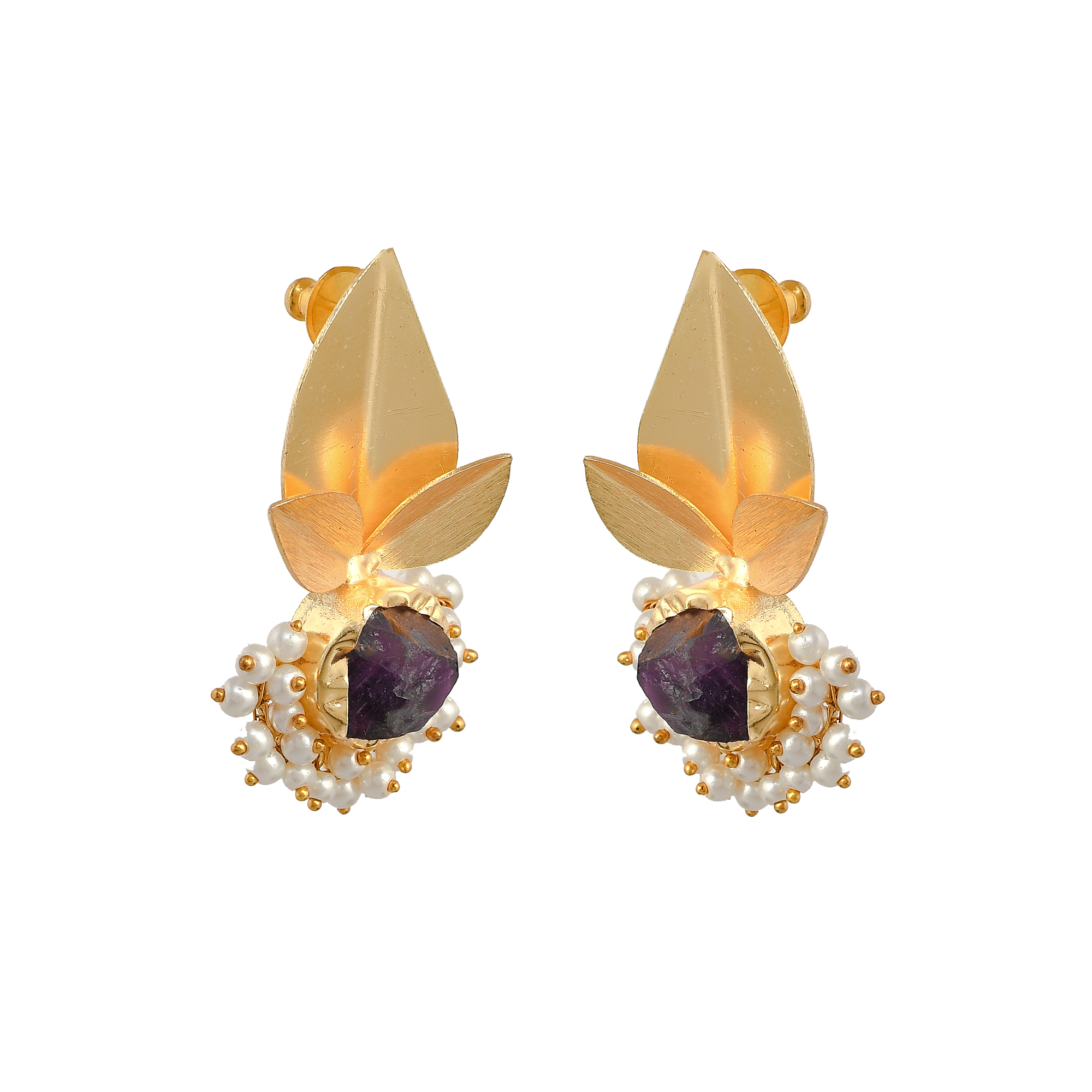 Pearls Brass Floral Stud Earring