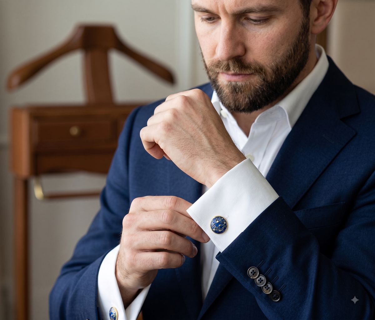 Round Blue & White Leaf Enameled Flash Gold Plated Cufflinks