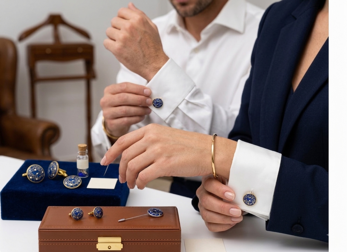 Round Blue & White Leaf Enameled Flash Gold Plated Cufflinks