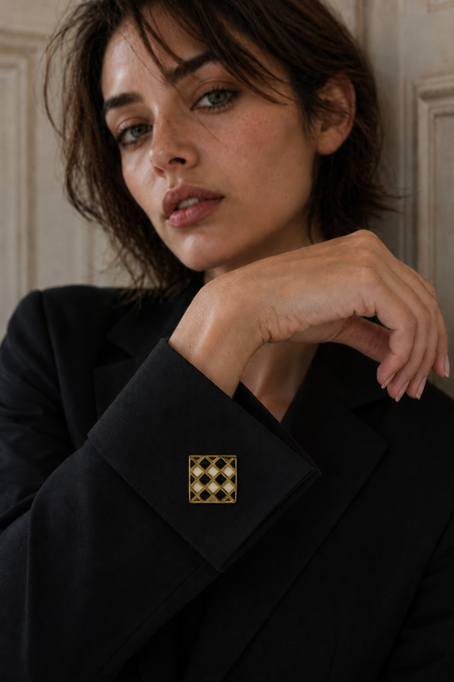 Square Black & White Enameled Flash Gold Plated Cufflinks
