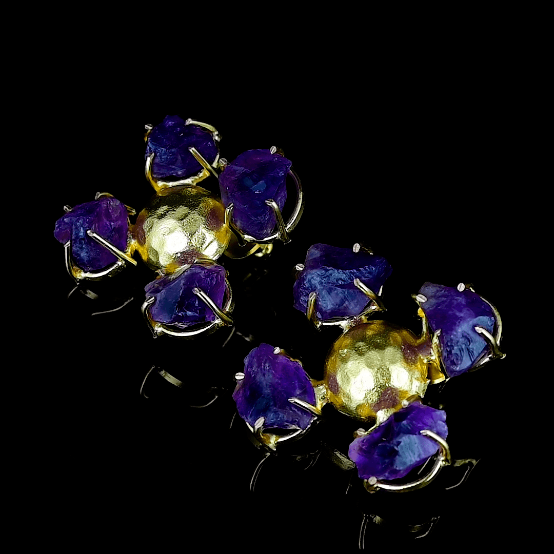 Amethyst Brass Flash Gold Plating Floral Stud Earring