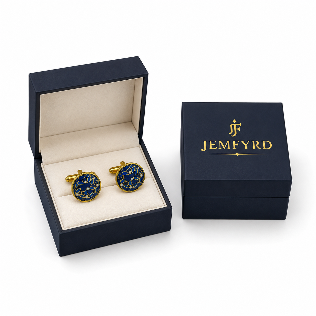 Round Blue & White Leaf Enameled Flash Gold Plated Cufflinks