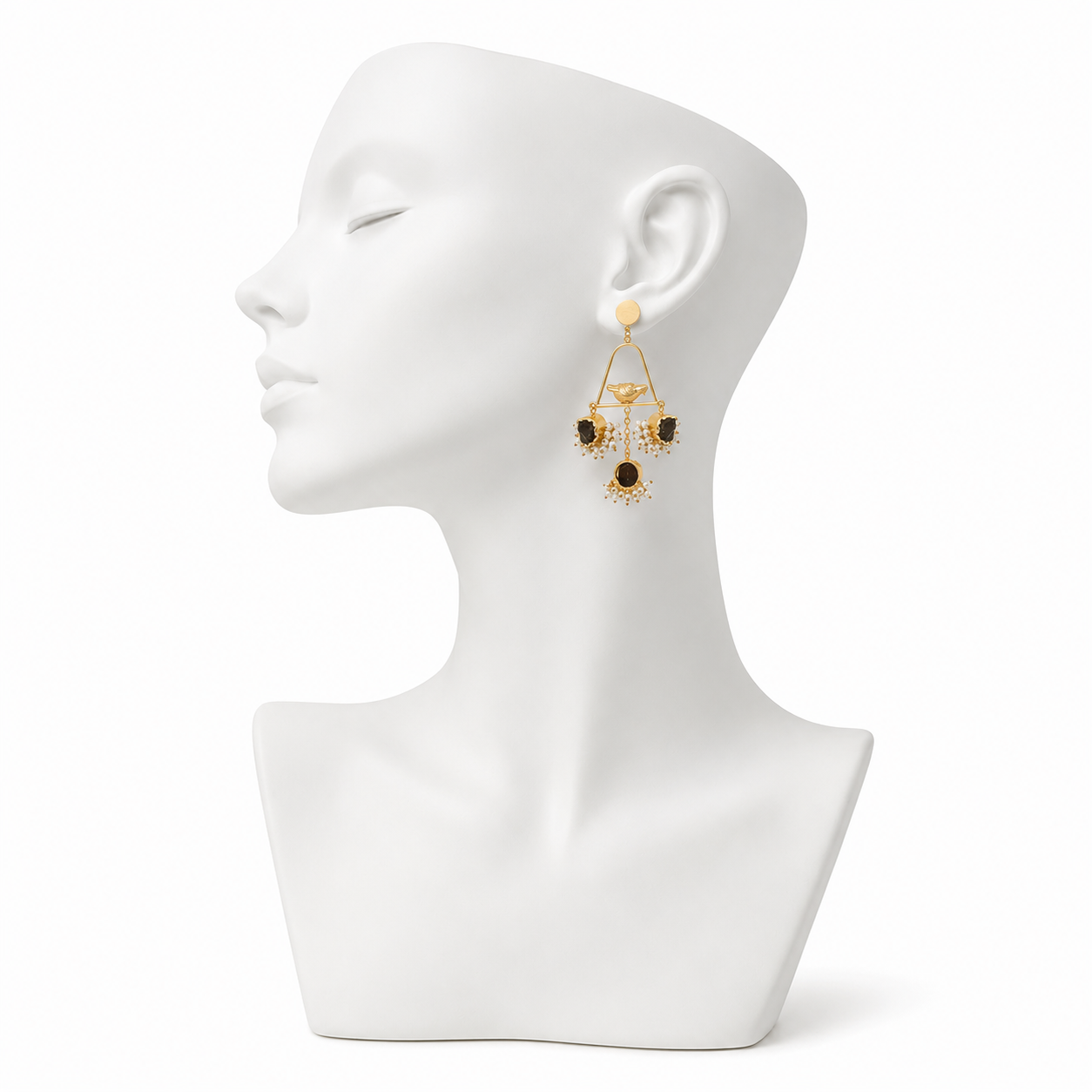 Pearl & Gemstone Brass Flash Gold Plating Floral Stud Earring