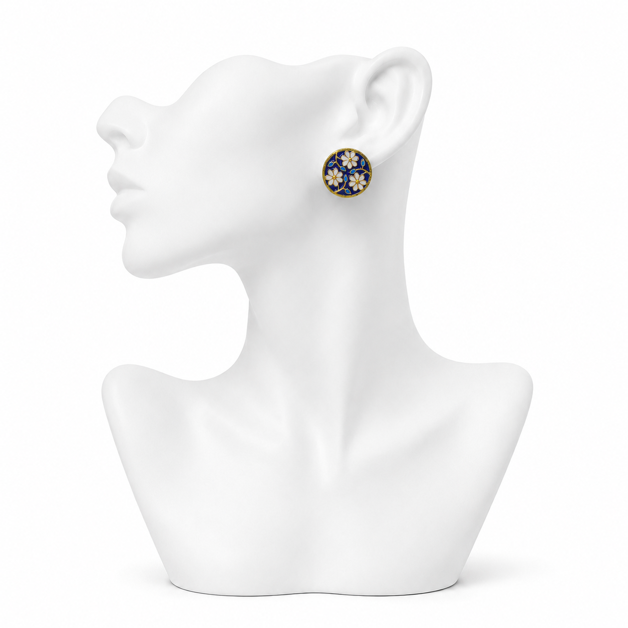 Round White & Blue Flower and Stem Enameled Flash Gold Plated Cufflinks
