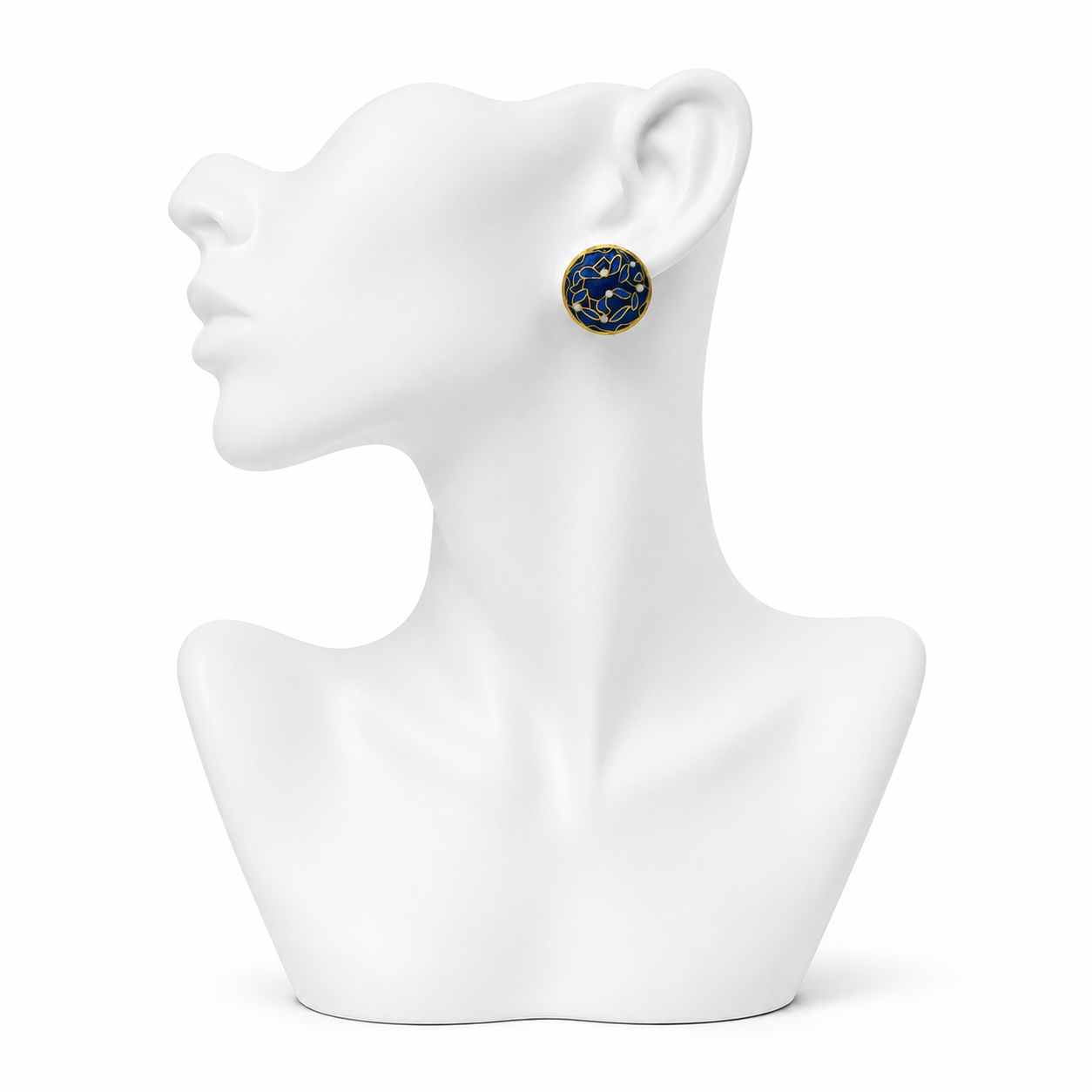 Round Blue & White Leaf Enameled Flash Gold Plated Cufflinks